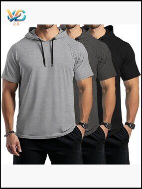 3 Pack Men's Short Sleeve Hoodies Athletic Lightweight Workout Gym Shirts Big &